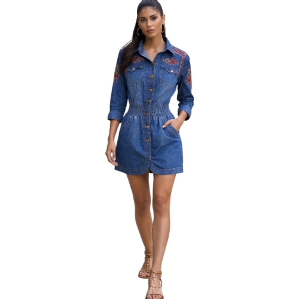 ITOO Denim Shirt Dress Size S Embroidered Western Style Button Front Cotton Blue